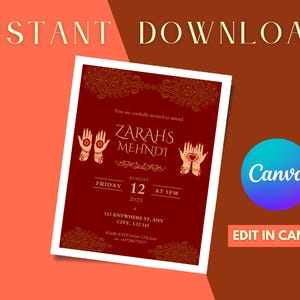 Red Mehndi Wedding Event Invitation Template, Customizable Mehndi Invite, Henna Party Invitation, Instant Download, Editable Invite