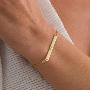 Gold Plated Bar Bracelet with Dainty Birthstone ,Personalized Bar Bracelet, Custom Name Bar Bracelet ,Nameplate Bar Bracelet ,Gift For Woman