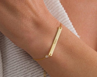 Gold Plated Bar Bracelet with Dainty Birthstone ,Personalized Bar Bracelet, Custom Name Bar Bracelet ,Nameplate Bar Bracelet ,Gift For Woman
