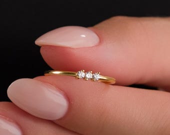 Triple Stone Stackable Ring , Diamond Trio Ring , Gold Plated Stackable Ring , Minimalist Diamond Ring , Wedding Gift , Gift For Women