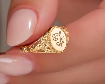 Birth Flower Ring, Custom Engraved Floral Ring, Vintage Mother Ring, Dainty Birth Month Jewelry, Personalized Birthday Gift , Real Silver