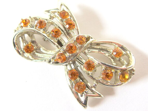 Vintage Amber Rhinestone Bow Brooch, Chunky Jewel… - image 4