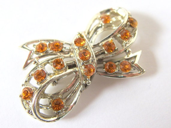 Vintage Amber Rhinestone Bow Brooch, Chunky Jewel… - image 3