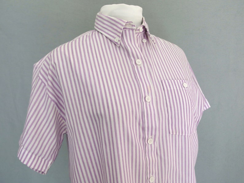 Fits Size 10-12 Purple Striped Blouse Vintage 1980/'s Button Down Shirt Medium