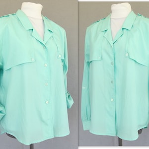 Rolled Sleeve Blouse, Vintage 1980's Silky Aqua Military Inspired Shirt, Fits Size 10 Medium image 1