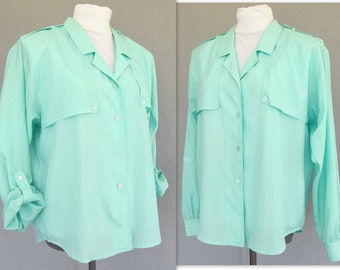 Rolled Sleeve Blouse, Vintage 1980's Silky Aqua Military Inspired Shirt, Fits Size 10 Medium