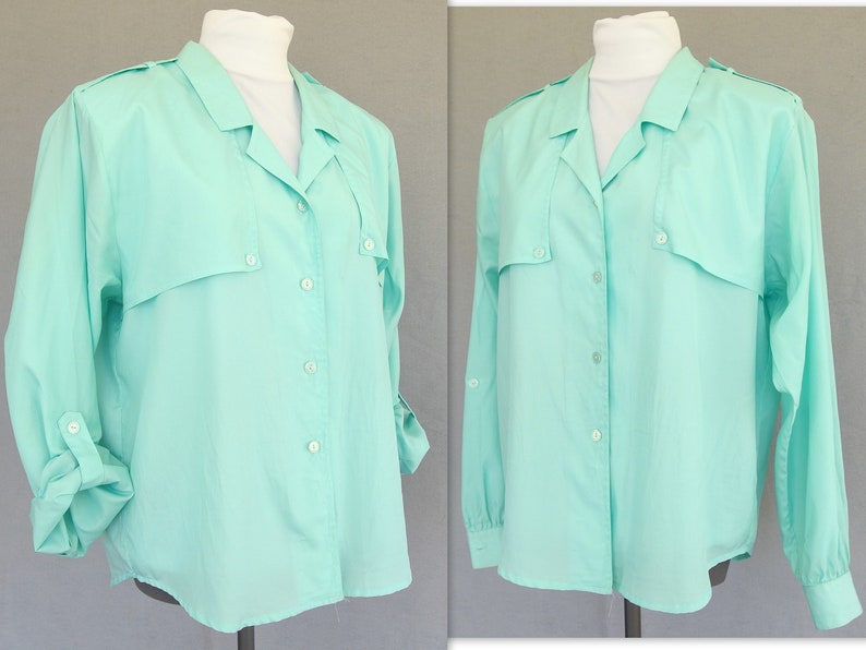 Rolled Sleeve Blouse, Vintage 1980's Silky Aqua Military Inspired Shirt, Fits Size 10 Medium image 1