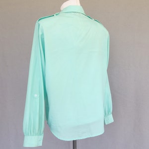 Rolled Sleeve Blouse, Vintage 1980's Silky Aqua Military Inspired Shirt, Fits Size 10 Medium image 6