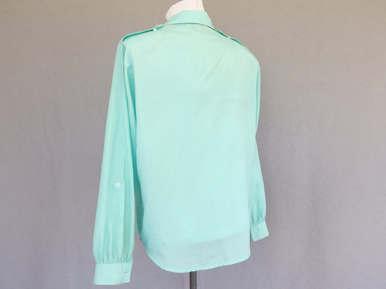 Rolled Sleeve Blouse, Vintage 1980's Silky Aqua Military Inspired Shirt, Fits Size 10 Medium image 6