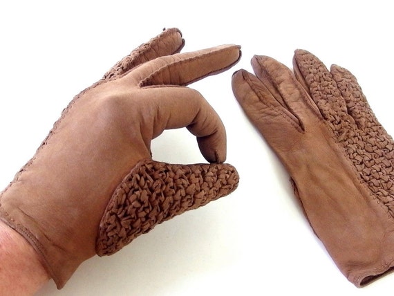 Vintage Brown Woven Leather Gloves, Size 7 - image 1