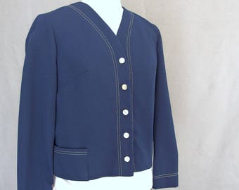 Blue Cropped Jacket, Vintage 1970's Navy Polyester Short Blazer, Fits Size 10 to 12, Medium