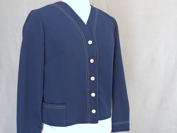 Blue Cropped Jacket, Vintage 1970's Navy Polyeste… - image 1