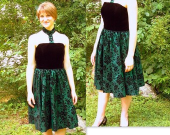 Reworked Vintage 1990's Emerald Green and Black Prom / Cocktail / Party Dress, Fits Size 8, Small 08-59