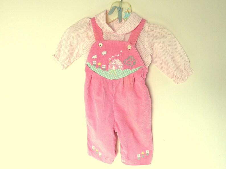 Size 3-6 Mos. Vintage 1980/'s Corduroy Bibs Pink Baby Togs Overalls for Girls with Coordinating Shirt