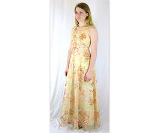 Vintage 1970's Tan Floral Halter Maxi Dress, Fits Size 8, Small R61