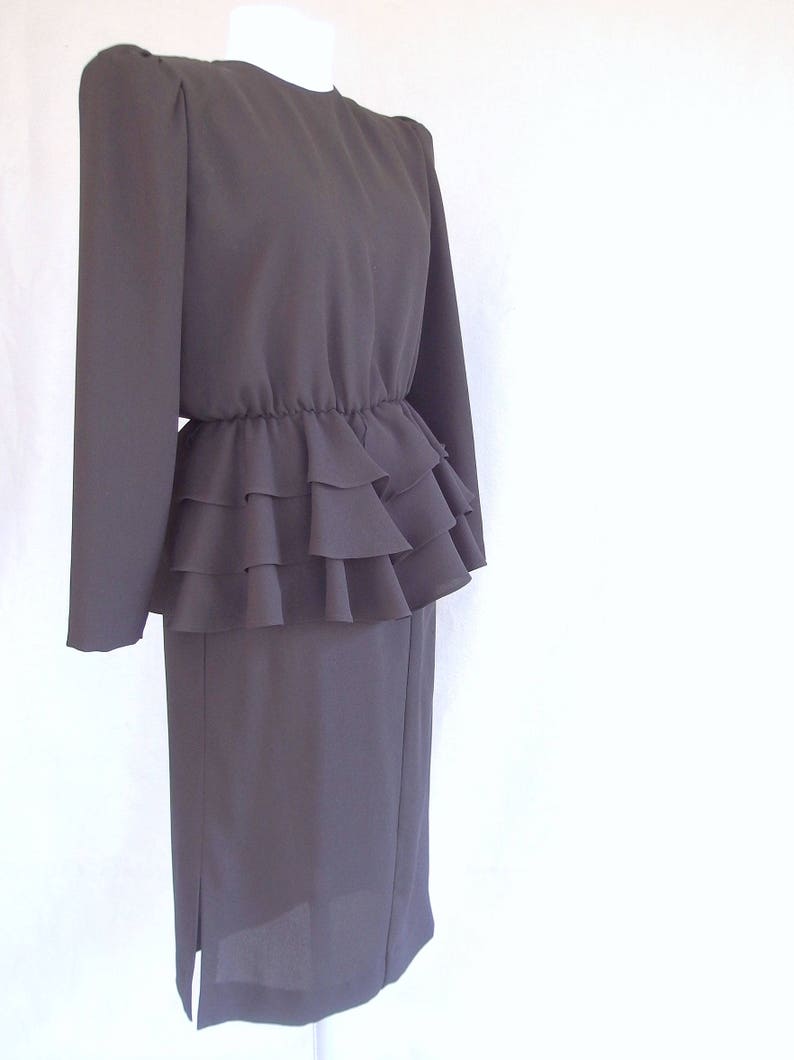 Little Black Dress Vintage 1980's Two Piece Ruffled Peplum Dress, Fits Size 6, Small image 2