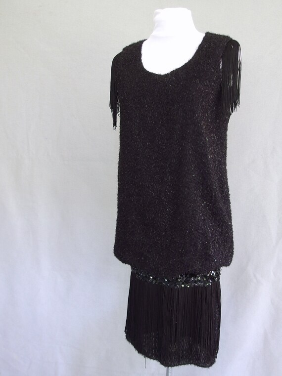 Black Fringe Dress, Vintage 1980's Flapper Style … - image 2