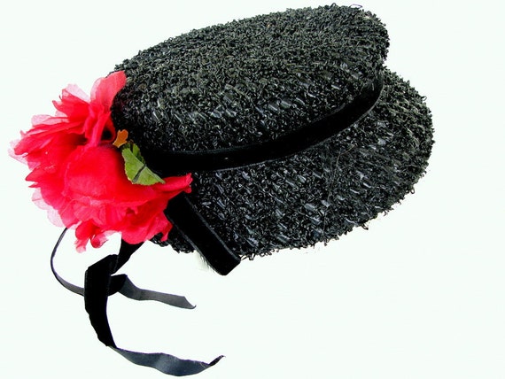 Vintage Black Straw Cloche Hat With Red Flower R34 - Etsy display picture 2