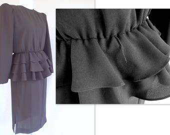 Little Black Dress - Vintage 1980's Two Piece Ruffled Peplum Dress, Fits Size 6, Small