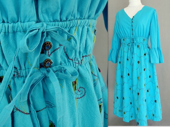 Boho Gypsy Dress, Vintage Turquoise Handmade Peas… - image 3