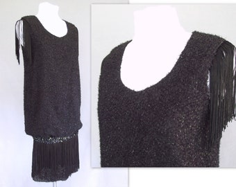 Black Fringe Dress, Vintage 1980's Flapper Style Sparkly Dress, Fits Size 2 Extra Small