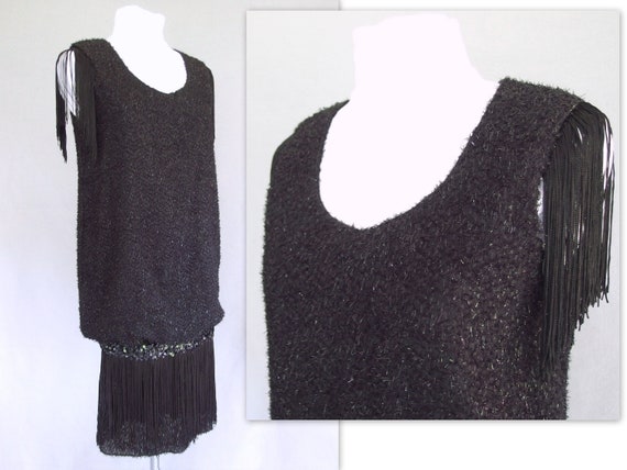 Black Fringe Dress, Vintage 1980's Flapper Style … - image 1