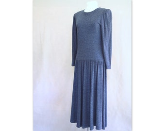 Blue Knit Dress, Vintage 1980's Dress with Dropped Waist, Fits Size 4, Extra Small