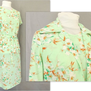 Vintage 1970's Mint Green Floral Dress and Jacket, Fits Size 6 to 8, Small image 1