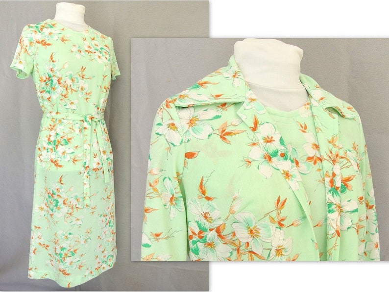 Vintage 1970's Mint Green Floral Dress and Jacket, Fits Size 6 to 8, Small image 1