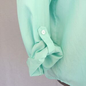 Rolled Sleeve Blouse, Vintage 1980's Silky Aqua Military Inspired Shirt, Fits Size 10 Medium image 9