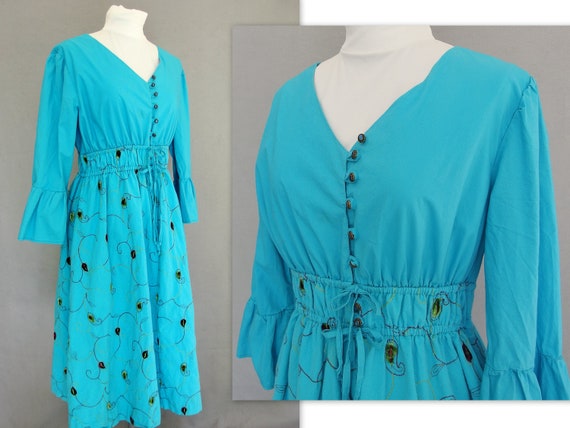 Boho Gypsy Dress, Vintage Turquoise Handmade Peas… - image 1