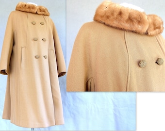 1950's Fur Collar Coat, Vintage Light Brown Holly Gab Winter Coat, Fits a Size 14, Large