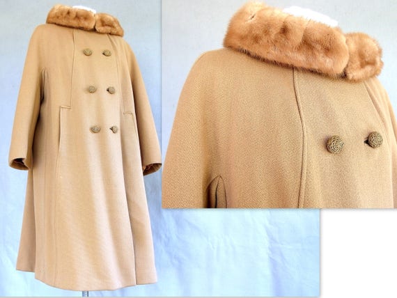 1950's Fur Collar Coat, Vintage Light Brown Holly Gab Winter Coat, Fits a Size 14, Large