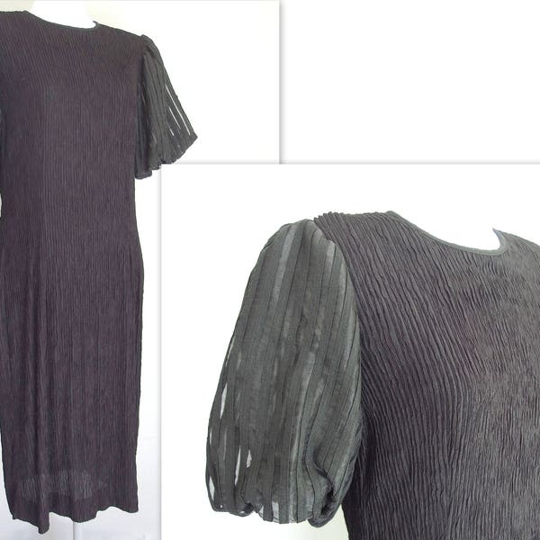 Black Party Dress, Vintage 1980's Leslie Fay Crinkle Dress with Bubble Sleeves, Fits Size 8 Small