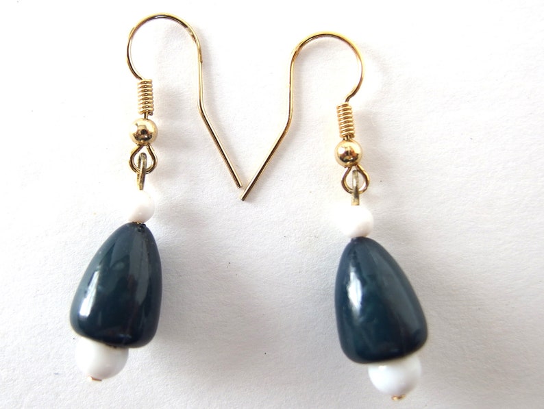 Vintage Dark Blue Gray and White Dangle Teardrop Earrings image 2