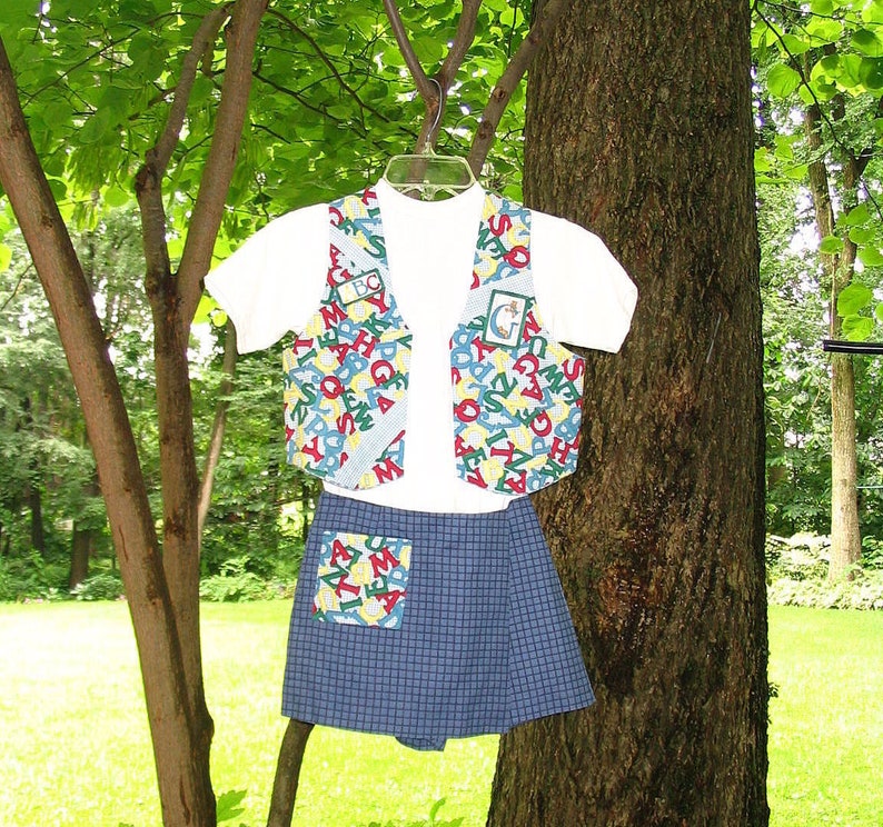 Size 8 Unworn Vintage Handmade Summer Outfit NOS Alphabet Skorts Outfit Girls Culottes and Vest Set