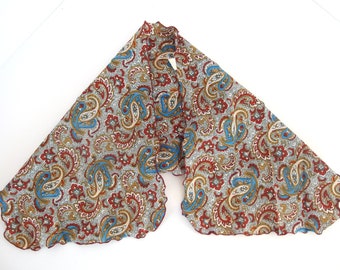 Rust and Blue Paisley Scarf with Lettuce Edge,  Vintage Ascot, 30 x 11 Inches