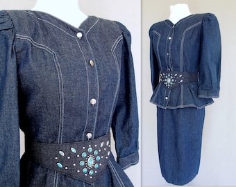 Denim Peplum Suit, Vintage 1980's Outfit with Studded Belt, Fits Size 4, Extra Small