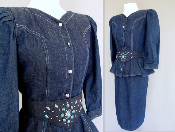 Denim Peplum Suit, Vintage 1980's Outfit with Studded Belt, Fits Size 4, Extra Small