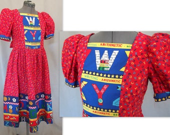 Handmade Girls Dress, Red and Blue Alphabet, Vintage 1990's Sailor's Dress Size