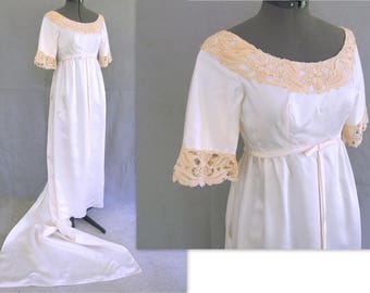 Vintage 1960's White Wedding Dress with Detachable Train, Empire Waist with Scoop Neckline, Fits Size 6 - 8, Small