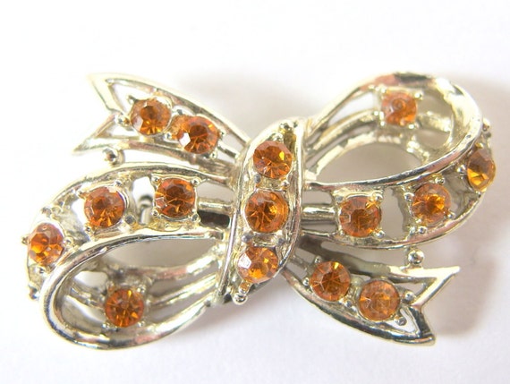 Vintage Amber Rhinestone Bow Brooch, Chunky Jewel… - image 2