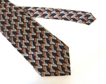 Wide Silk Tie - Stafford Exclusive Brown, Black and Gray Geometric Patterned Tie