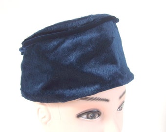 Vintage Navy Blue Faux Fur Tall Pillbox Hat, Blue Toque