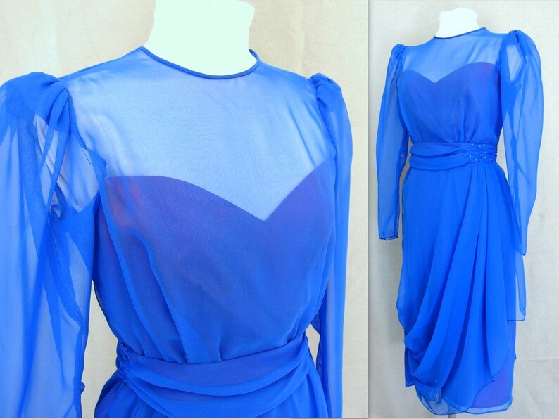 Short Formal Extra Small to Small Vintage 1980/'s Royal Blue Chiffon Party Dress Modern Size 4-6