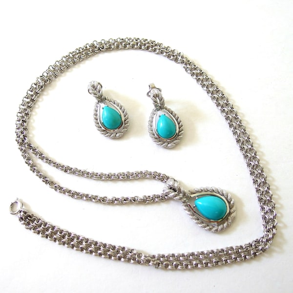 Avon Turquoise Set, Vintage Necklace Clip On Earrings, Demi Parure Jewelry