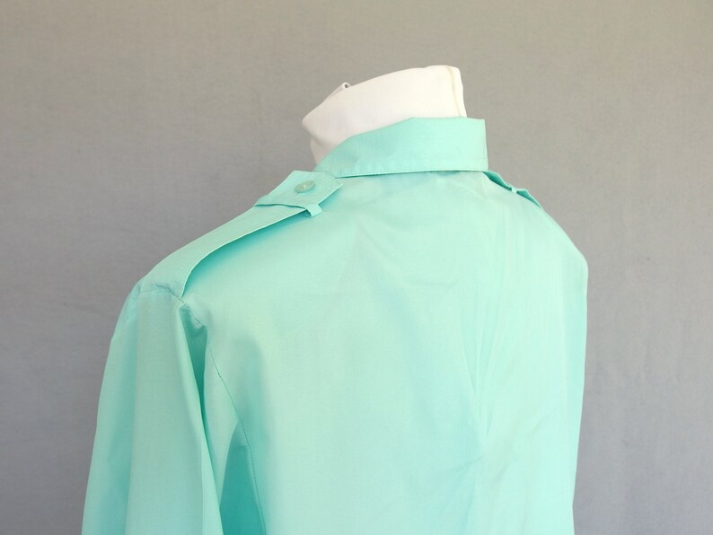 Rolled Sleeve Blouse, Vintage 1980's Silky Aqua Military Inspired Shirt, Fits Size 10 Medium image 7