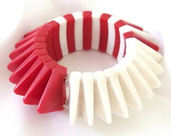 Vintage Statement Bracelet, Red and White Chunky Stretch Bracelet
