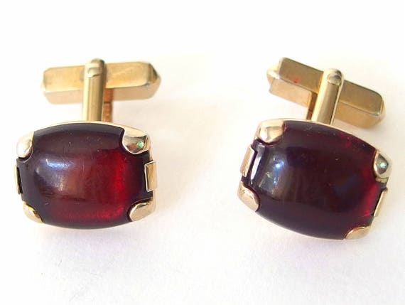 Red Cuff Links, Vintage 1940's Swank Lucite Goldt… - image 2