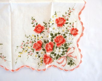 Vintage Spring Handkerchief with Peach Roses and Ribbons